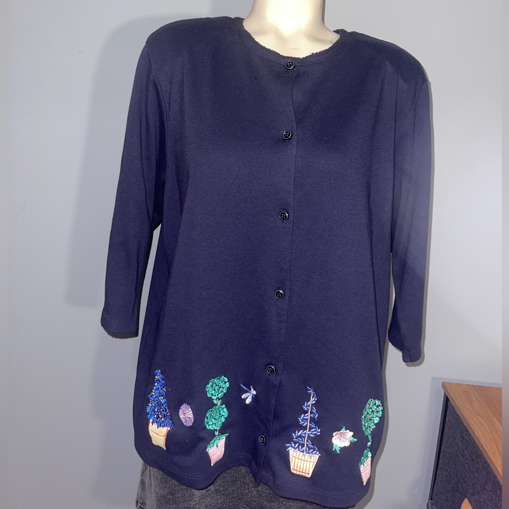 Karen Scott Navy Button-Up short sleeve Cardigan embroidered flowers woman’s XL